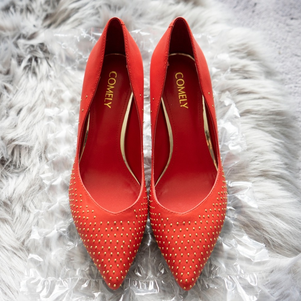 Comely Studded Heels Size 7.5 Red Bridal Party Prom Wedding shoes Red Shoes